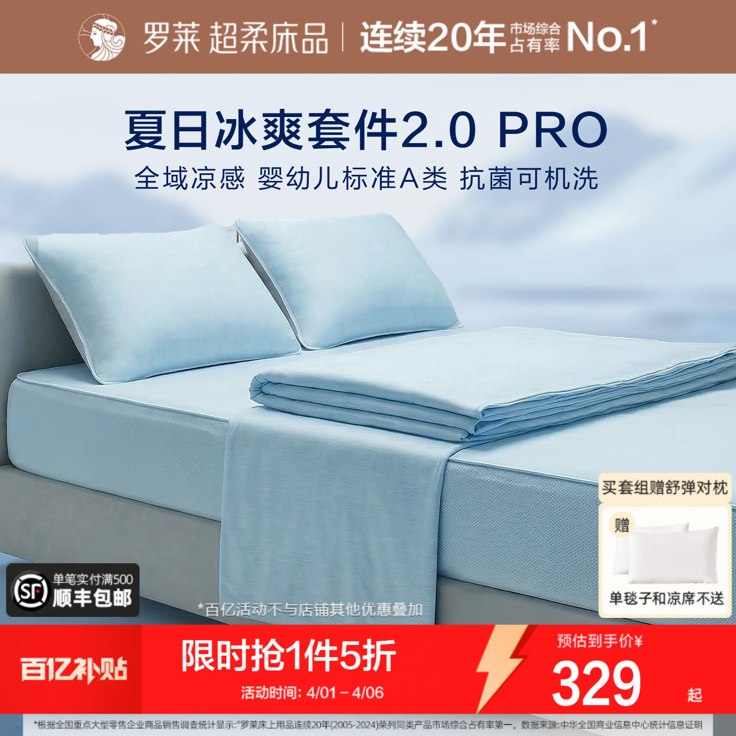 罗莱家纺26新品冰皮夏凉四件套Pro空调毯子A类抗菌凉席可机洗床笠