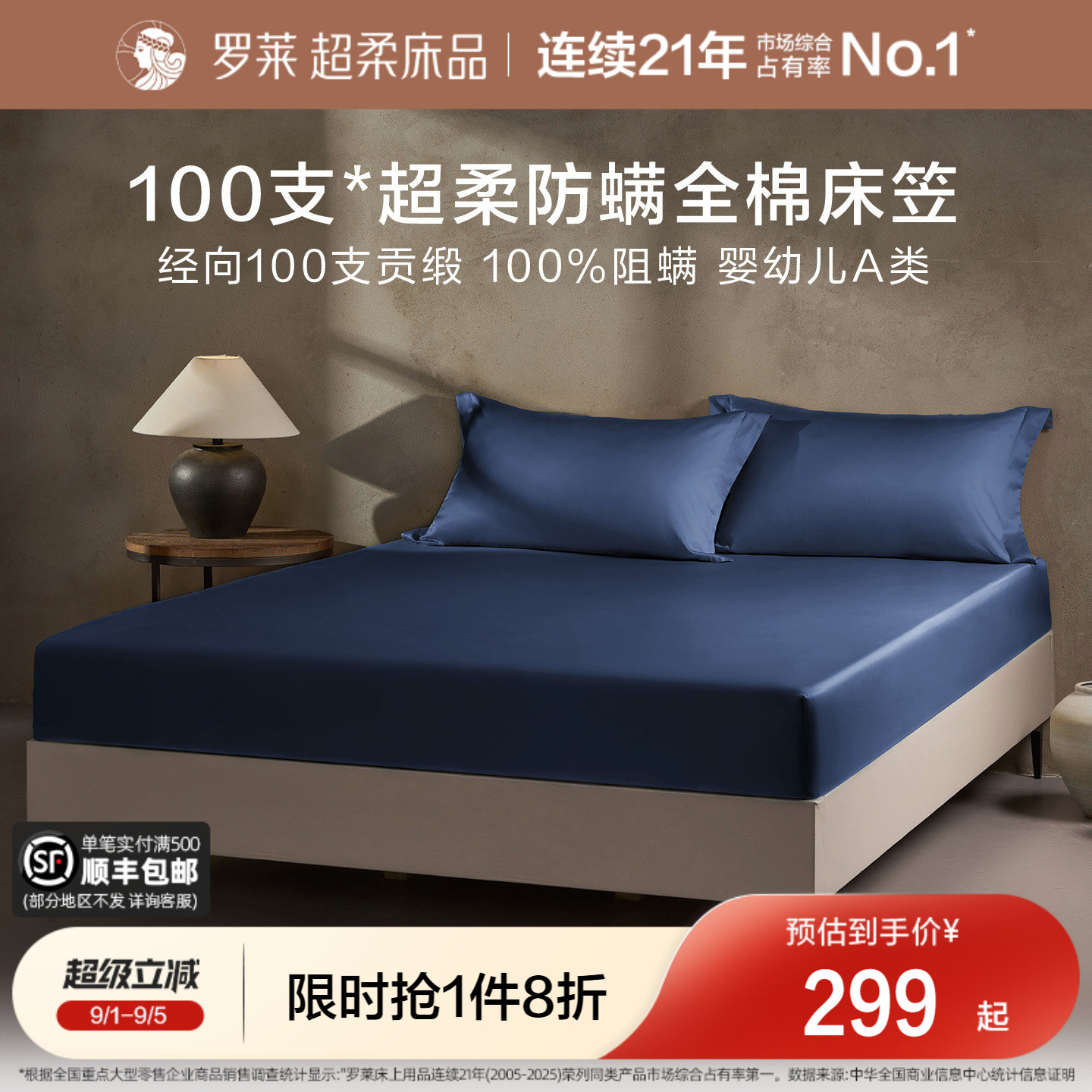 罗莱100支长绒棉床笠床罩图片