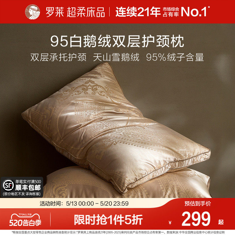 罗莱家纺枕芯95白鹅绒枕头家用呵护颈椎睡眠单只一对成人双层承托