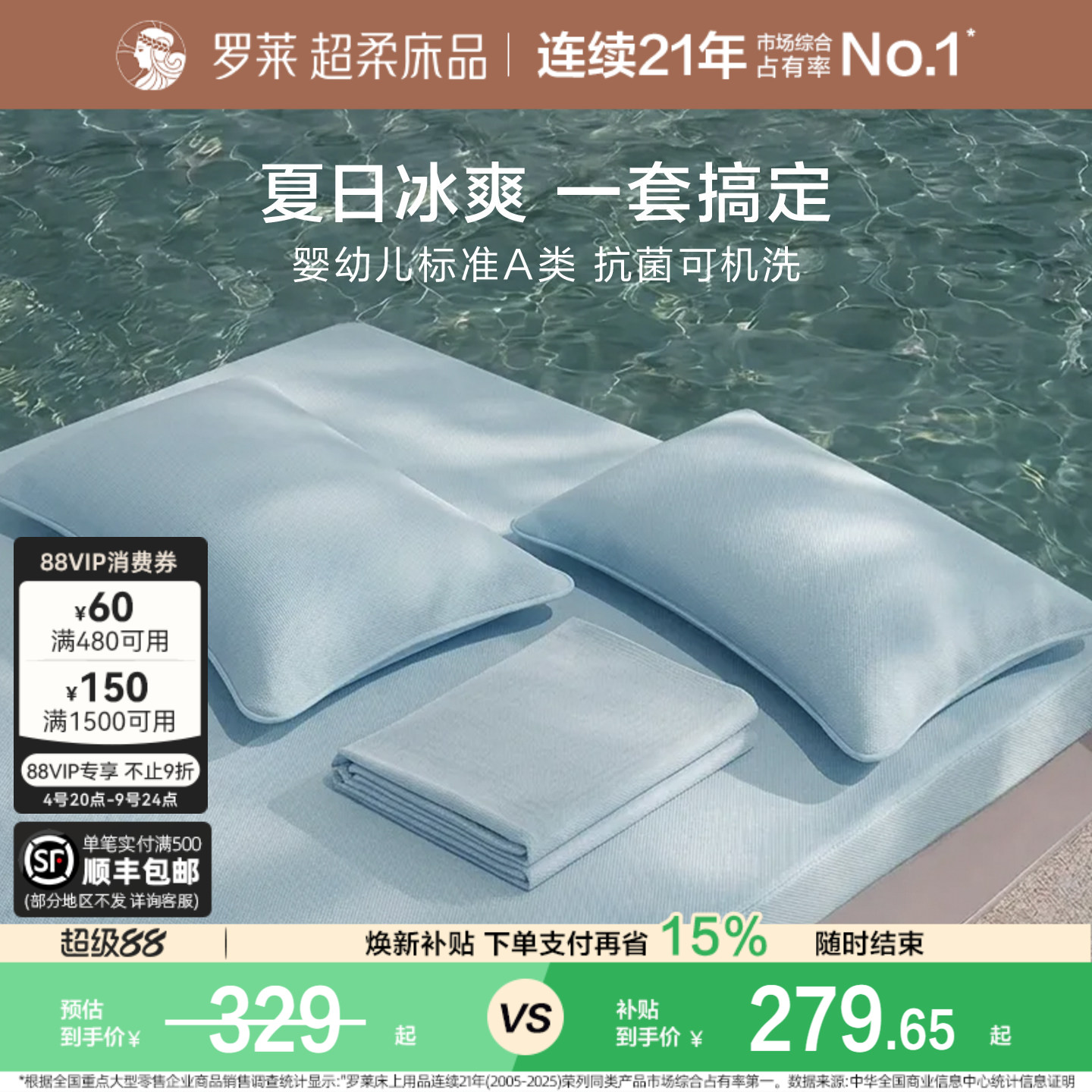 罗莱家纺冰皮席子四件套Pro夏凉被子A类抗菌可机洗冰丝床笠软凉席