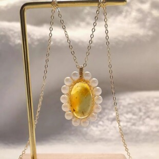 Aeternus珠宝 天然琥珀金珀夹镶蜜蜡绕线珍珠南红玛瑙黑曜石项链