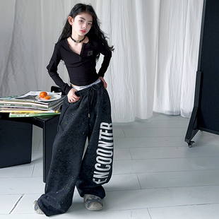 黑色潮牌走秀服 套装 女童街舞演出服2025潮酷时髦长袖 上衣阔腿裤
