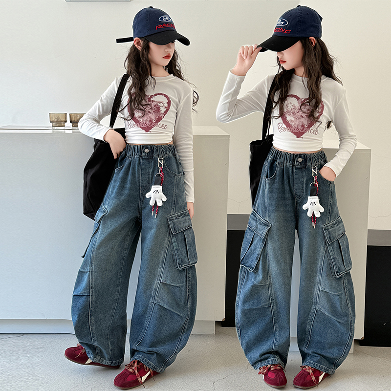 女童蓝色牛仔裤爵士舞秋装2025