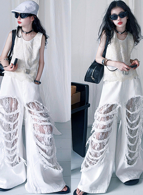 辣妹破洞白色蕾丝牛仔裤女童爵士服个性走秀潮服时尚美式儿童jazz