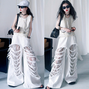 辣妹破洞白色蕾丝牛仔裤女童爵士服个性走秀潮服时尚美式儿童jazz