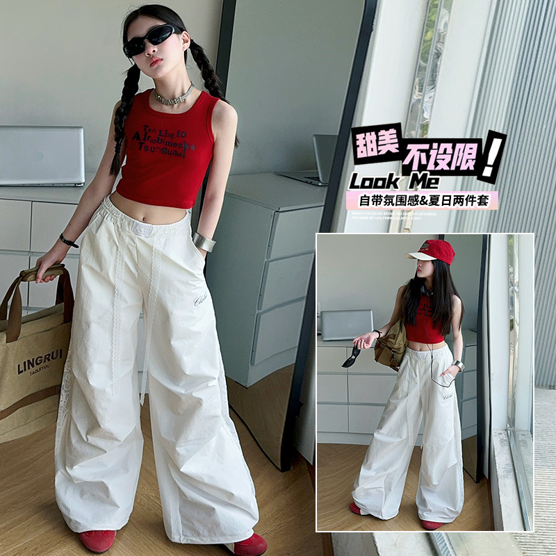 女童白色工装裤夏款红色背心爵士