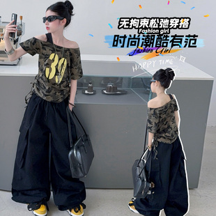 裤 T恤女童爵士服工装 儿童设计感街头演出服 辣妹斜肩迷彩短袖 美式