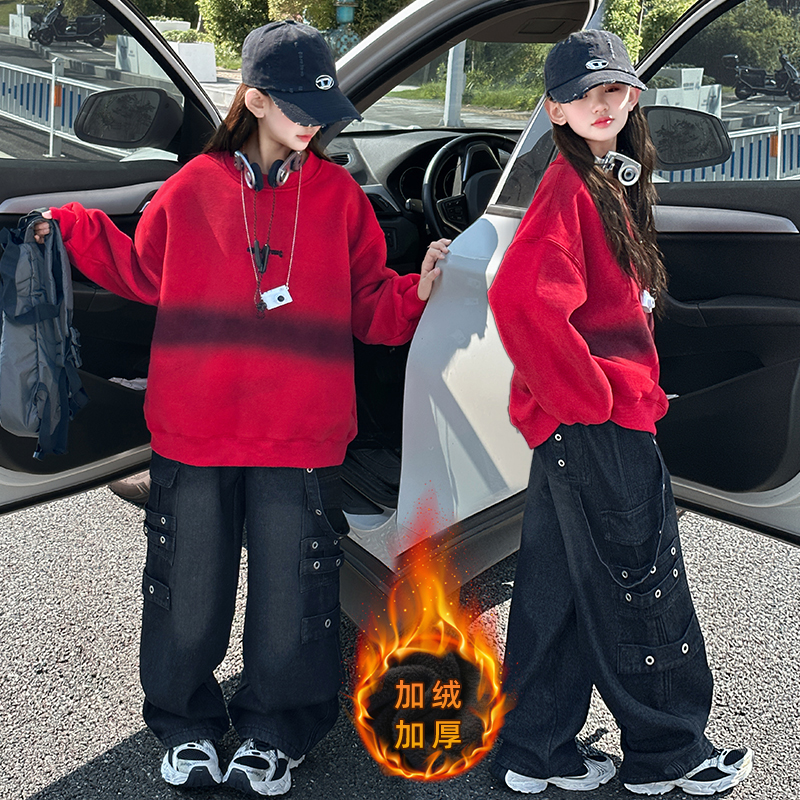 元旦儿童炸街舞服2025新年装红色