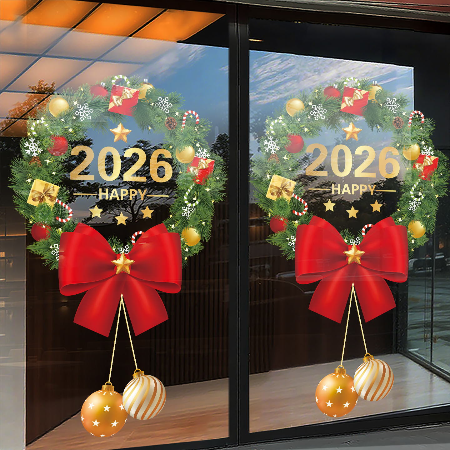 2026新年玻璃门贴纸圣诞节花环