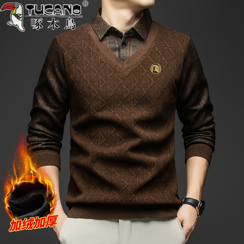 啄木鸟加绒加厚冬季假两件T恤高档男士提花植绒衬衫领爸爸装上衣