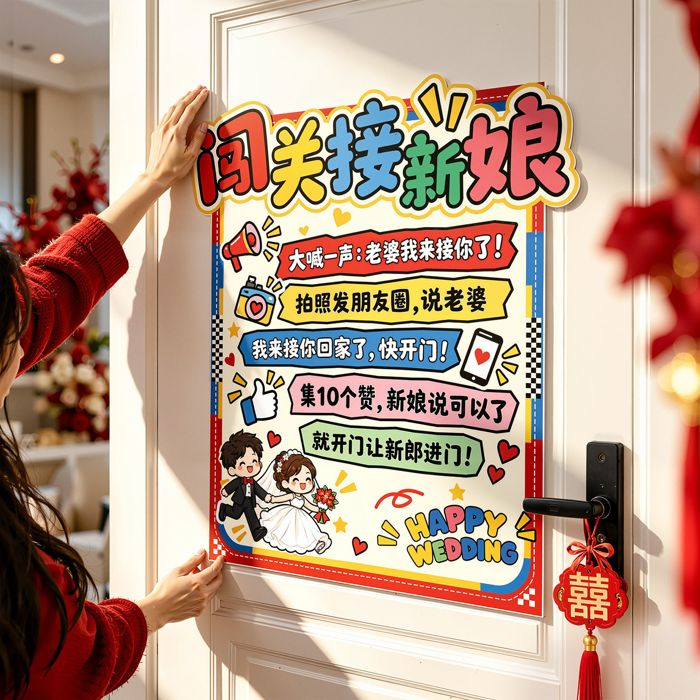 接亲游戏结婚堵门小道具搞笑文明整蛊新郎创意拦门贴条幅婚礼用品