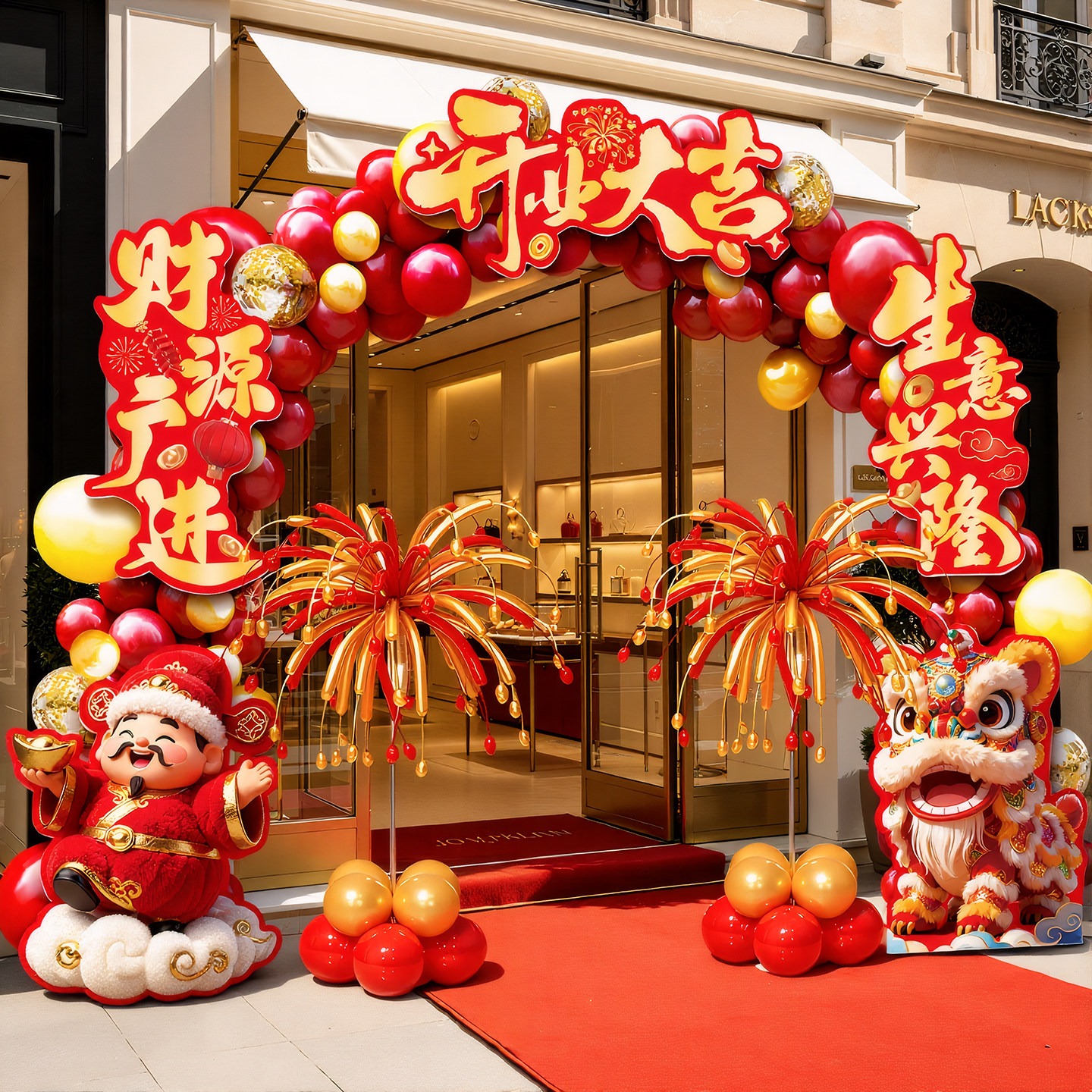 贺缘喜铺醒狮财神开业气球拱门图片