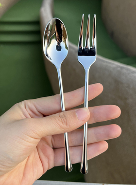 VE 18-10不锈钢优雅细柄甜点勺叉咖啡勺子三齿蛋糕叉水果叉子漂亮