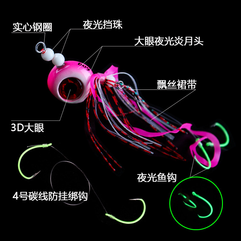 防挂底改装炎月饵海钓路亚胡须佬夜光鱿鱼钩近海黑头黄鱼鳕鱼铁板