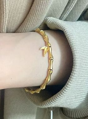 周家竹节叶子黄金色手链女经典传承手镯沙金手串七夕情人节礼物送