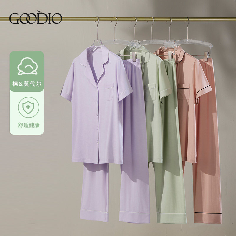 歌帝棉莫翻领短袖长裤女套装女士莫代尔舒适大码简约睡衣GDB02516
