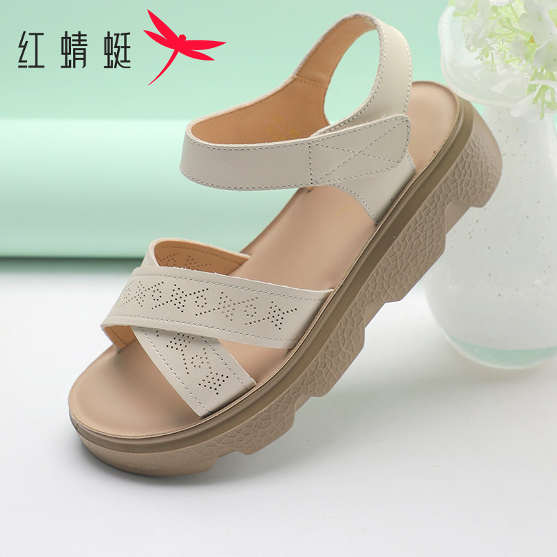 红蜻蜓女鞋夏季新款舒适妈妈凉鞋软底厚底防滑中老年鞋软面轻便