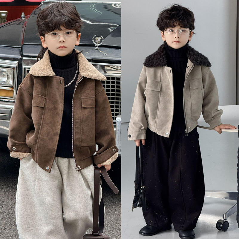 冬装男童酷帅时髦套装痞帅风炸街潮秋冬加厚儿童加绒皮衣外套男孩
