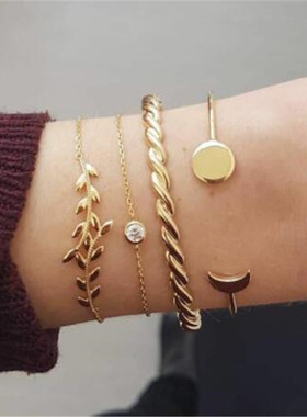 欧美风树枝月亮圆形麻花手链