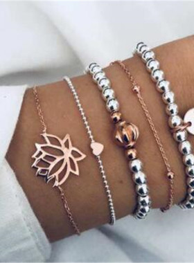 欧美简约灯笼莲花手珠链爱心手链五件套套装