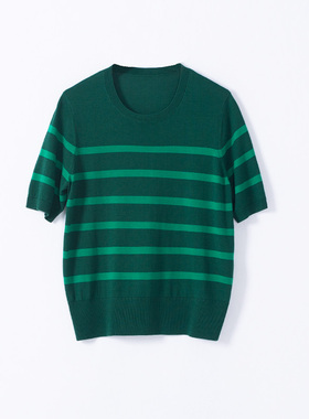玛洛薇 M-35731 圆领短袖条纹莱赛尔套头针织衫女
