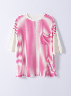 玛洛薇 M-35776 圆领条纹拼接针织短袖T恤女