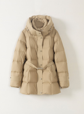 玛洛薇 M-60682 加厚中长款90白鹅绒连帽收腰羽绒服