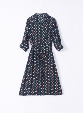 玛洛薇 M-92605 中长款七分袖菱形格真丝连衣裙女