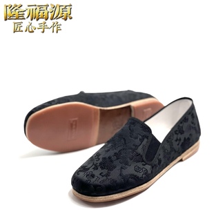 隆福源正品缎面龙纹牛皮底老北京手工布鞋男中老年圆头透气一脚蹬