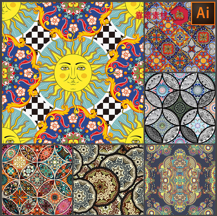 民族风复杂花纹曼陀罗地砖花纹线条拼接印花图案ai矢量设计素材