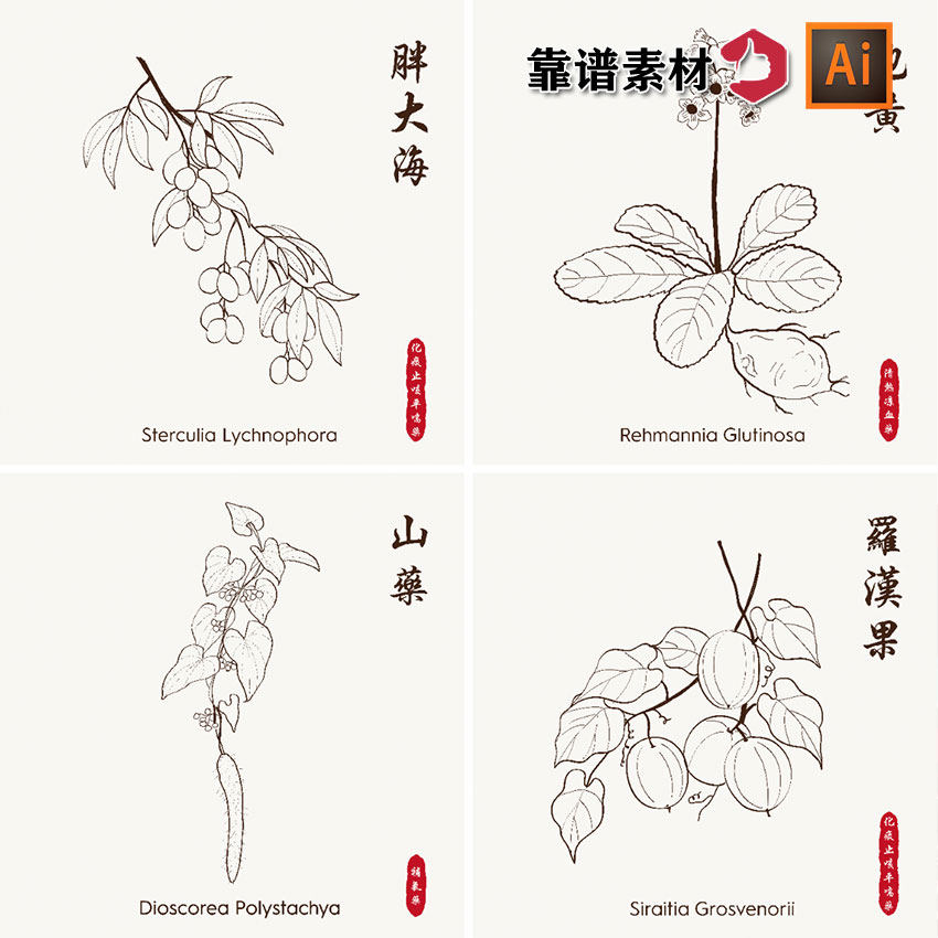 中医中草药药材手绘素描草图ai矢量设计素材