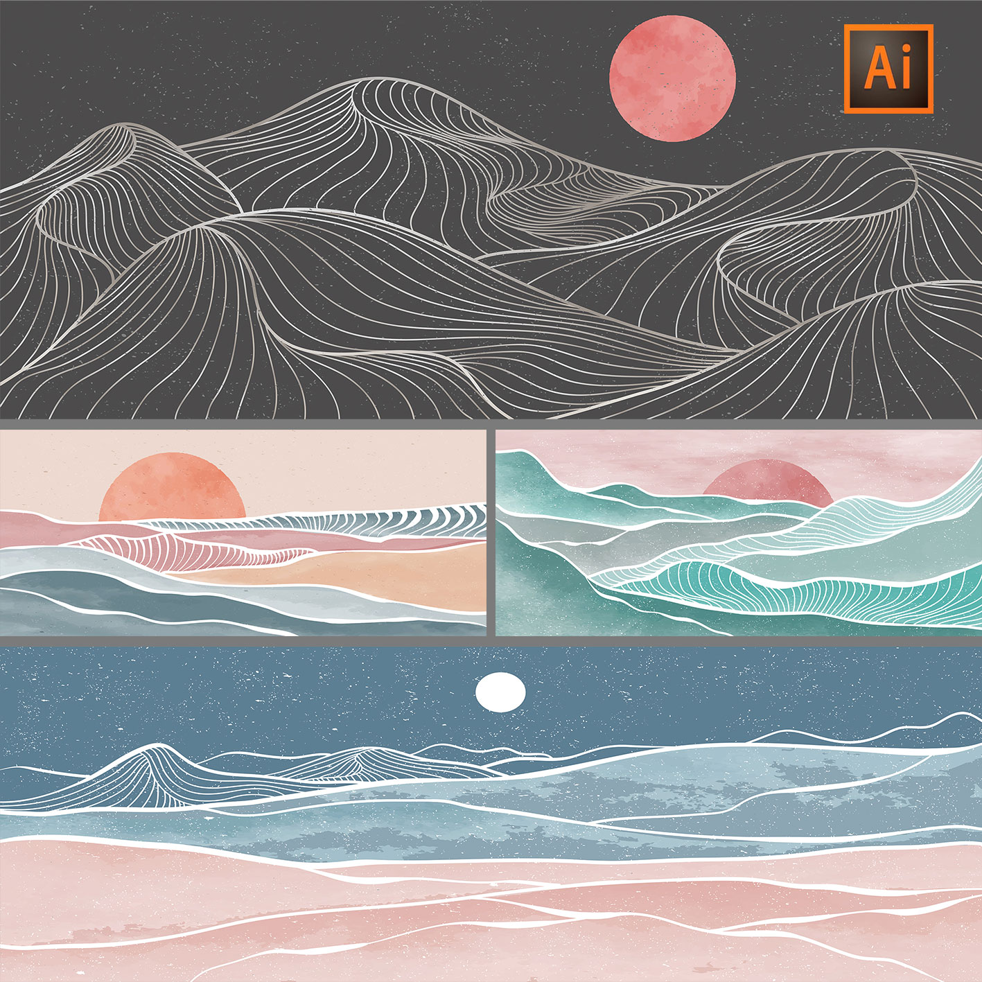 中国风现代简约高端线条抽象山脉意境山水画装饰画ai矢量设计素材