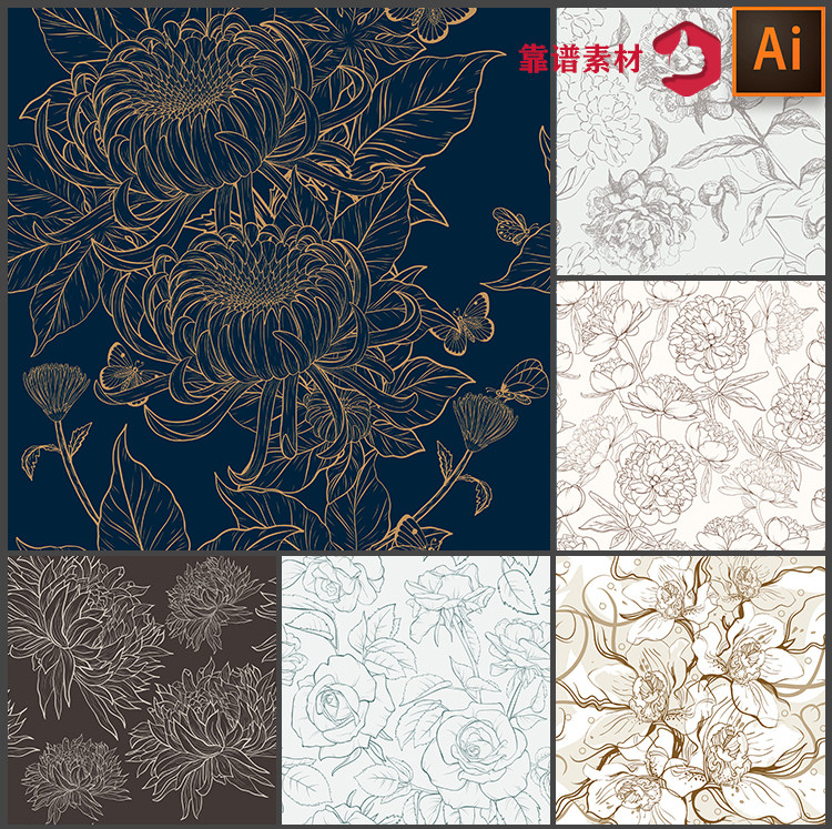 中国风白描线描素描牡丹菊花等花朵墙纸服饰地毯印花图案设计素材