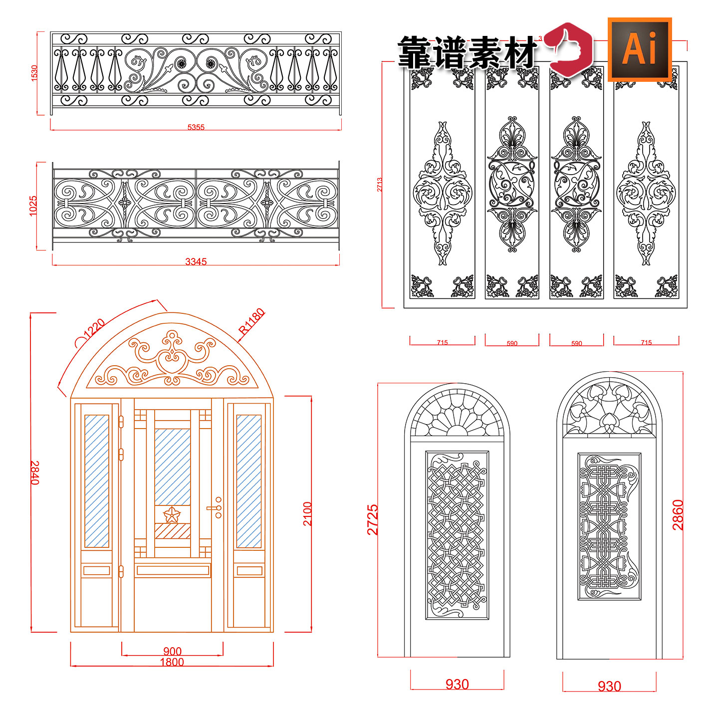 欧式拱门彩雕玻璃窗户装饰花纹描边线描雕刻路径AI矢量设计素材