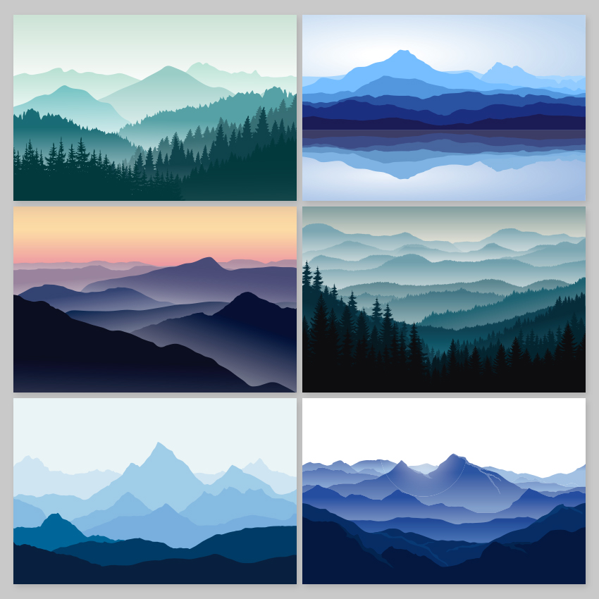 简约山脉山水意境远山雾山风景画背景墙纸插画eps矢量素材