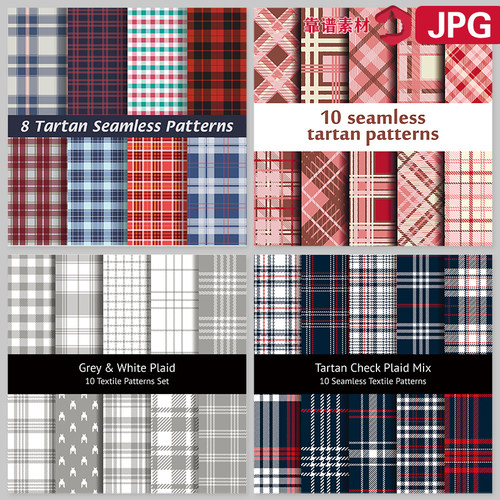 同系列花色复古英伦格子几何可四方拼图印花图案AI矢量设计素材