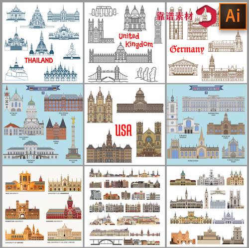 欧式欧洲复古教堂建筑手绘线描矢量插画图标设计素材