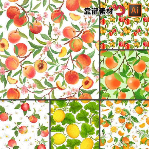 桃子橘子柠檬苹果水果壁画墙纸印花图案AI矢量设计素材