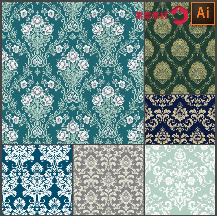 复古奢华宫廷欧式花纹印花墙纸图案矢量设计素材
