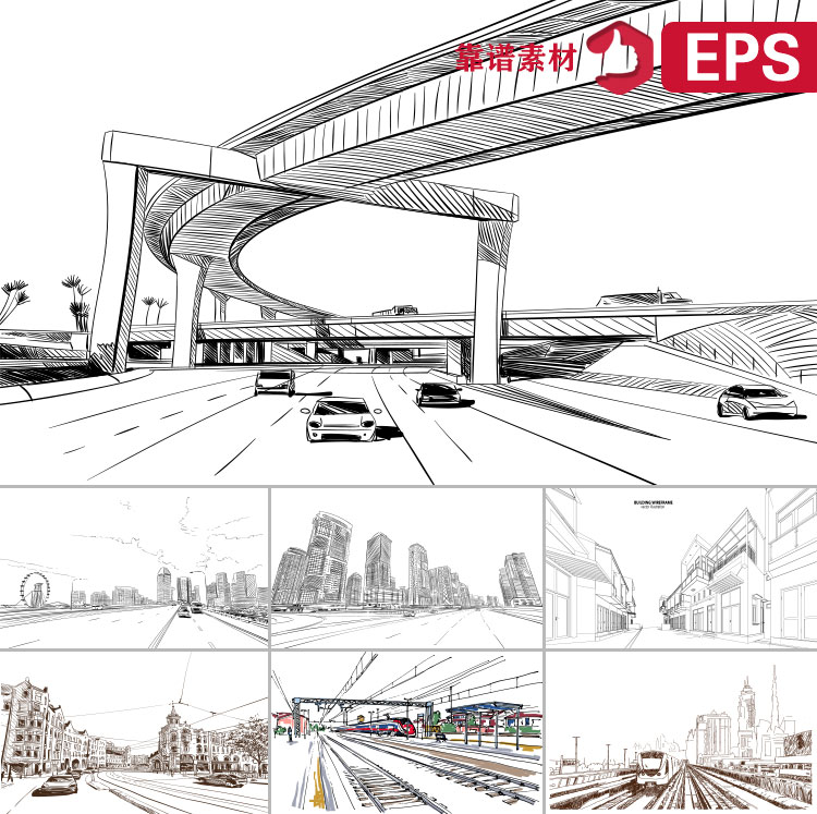 城市建筑立交桥公路城镇街头手绘线描素描EPS矢量设计素材