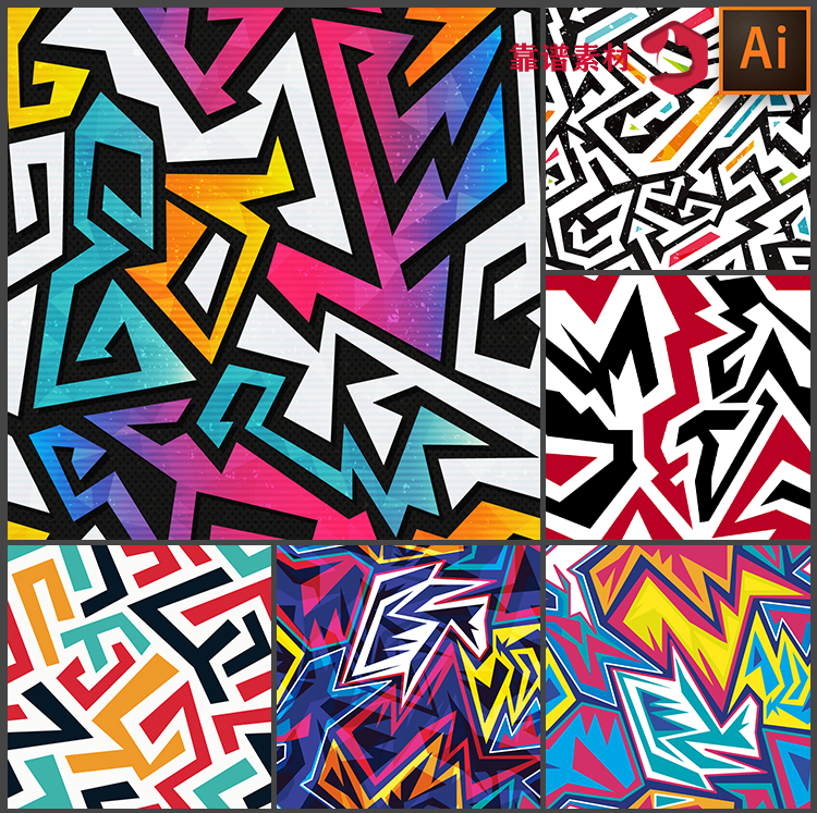 时尚朋克涂鸦抽象几何线条墙纸印花图案AI矢量设计素材