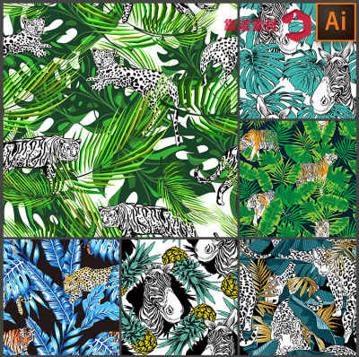 热带雨林斑马豹子森林动物墙纸家居地毯印花图案矢量设计素材2636