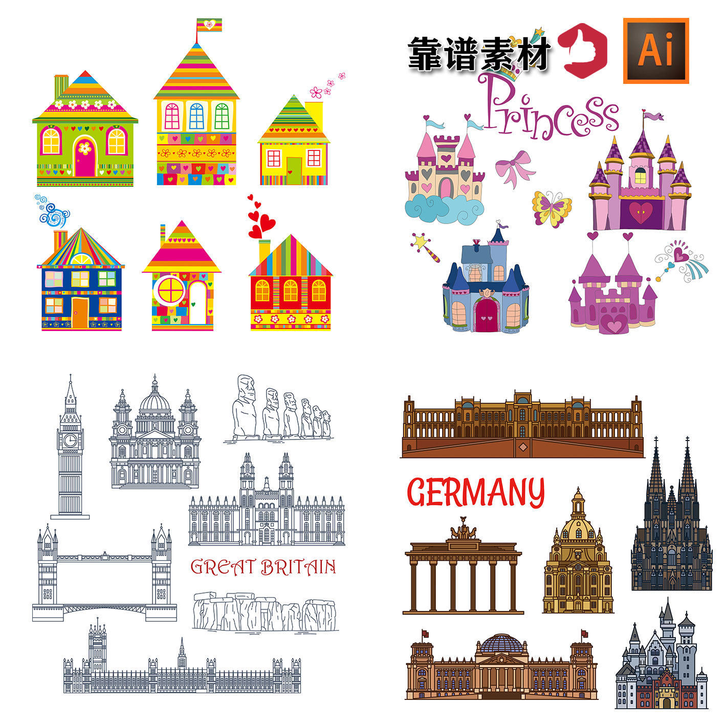 欧洲地标古典线描古建筑城堡宫殿卡通插画图标ai矢量设计素材