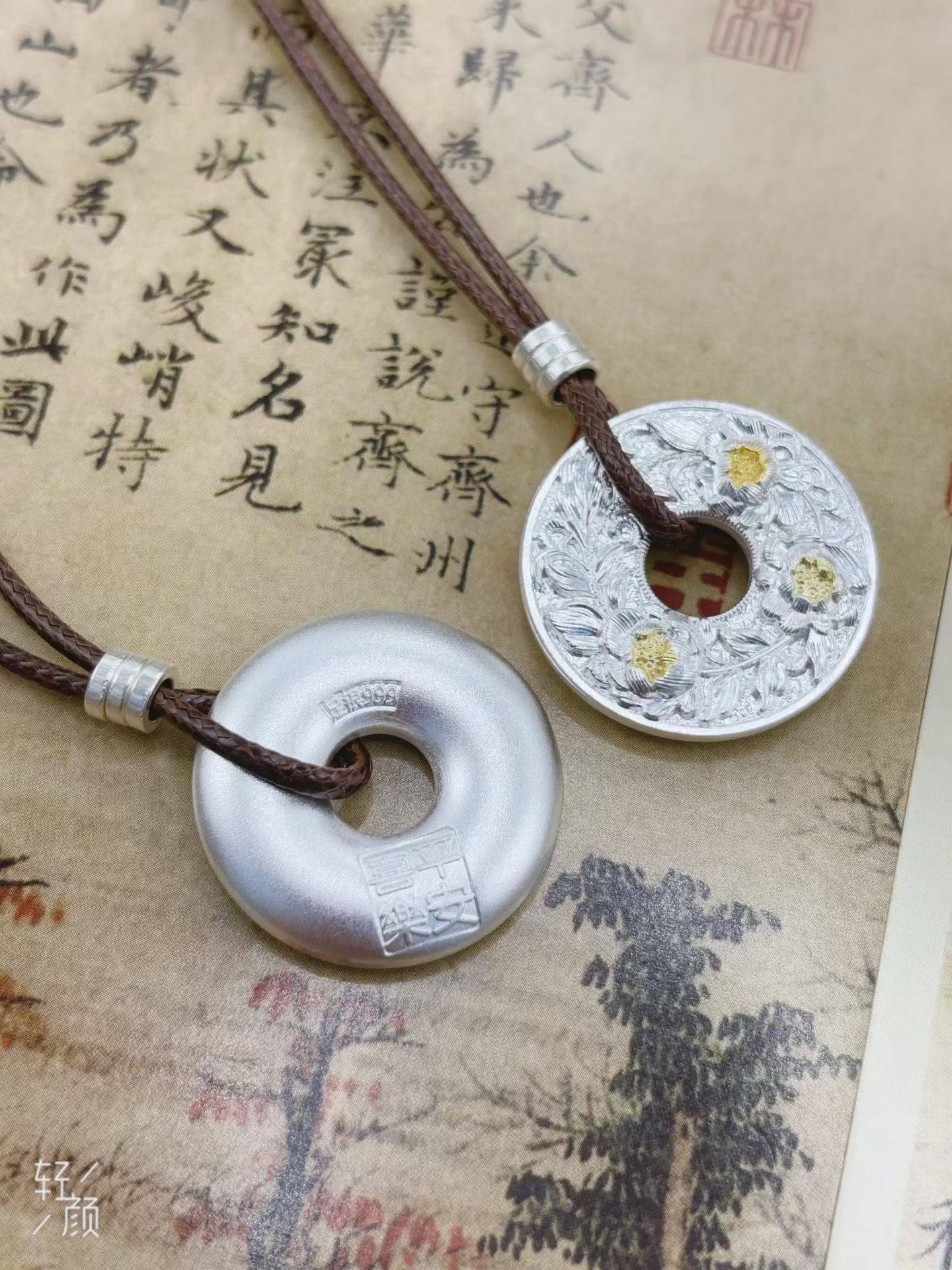 足银9999纯银平安扣吊坠男女款分色玫瑰平安扣套链吊坠送女友礼物