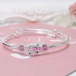 足银9999纯银KT猫推拉手镯女童中童高级感送宝宝孩子满月生日礼物