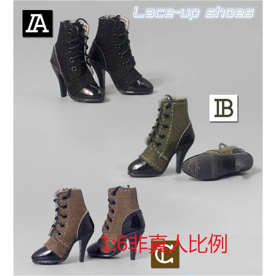 现货1/6女兵人中筒系带高跟鞋
