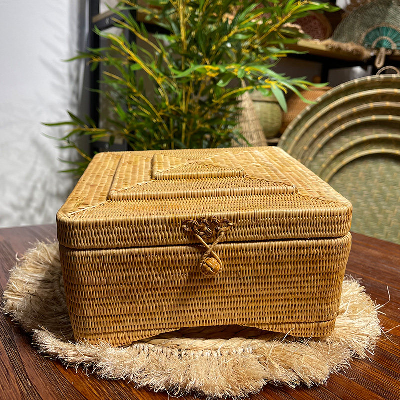 越南藤编散茶叶罐357克普洱茶饼盒精编高端礼盒糖果盒复古茶叶盒