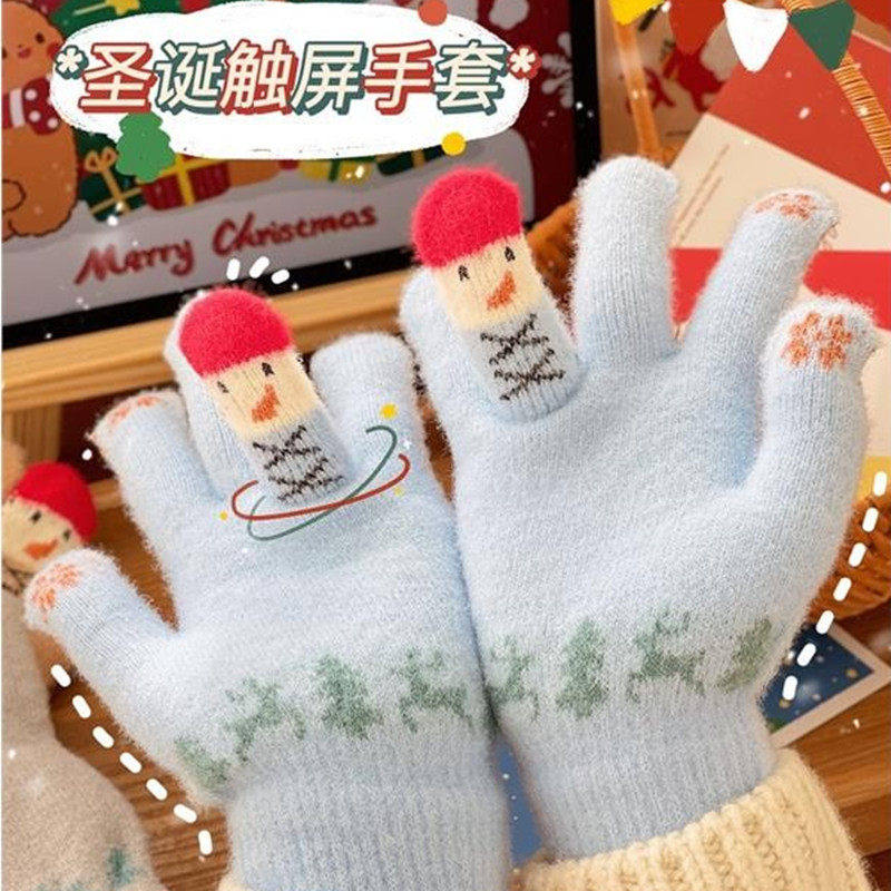 冬季保暖手套毛绒卡通可爱圣诞节雪人五指分指手套可触屏学生女生