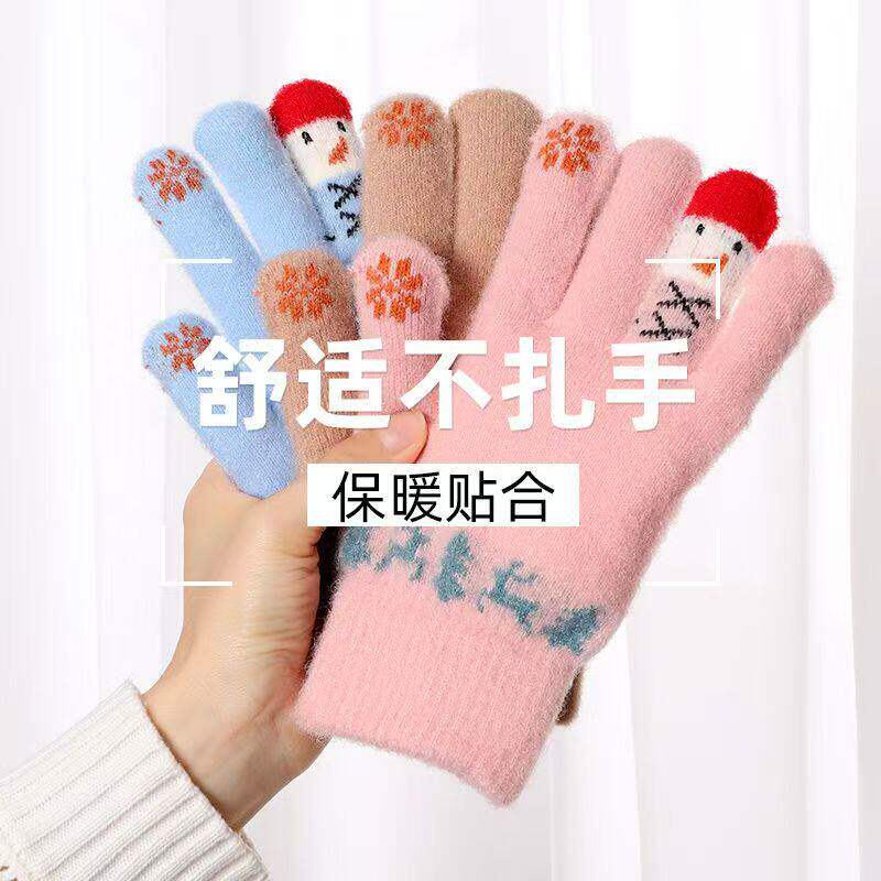 冬季保暖手套毛绒卡通可爱圣诞节雪人五指分指手套可触屏学生女生