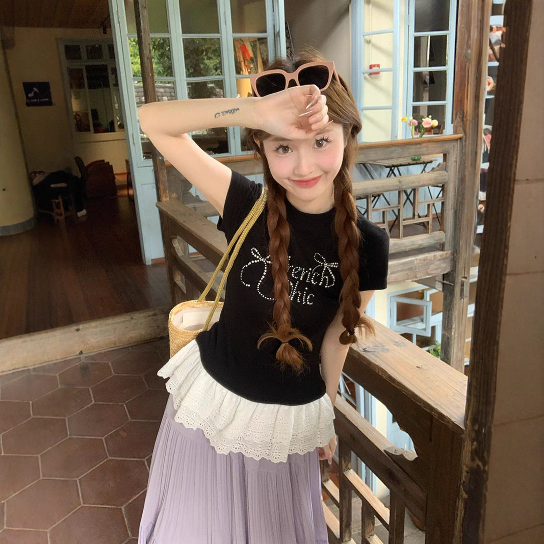 夏季新款韩版蕾丝拼接短袖T恤女学生修身显瘦甜美圆领打底衫上衣